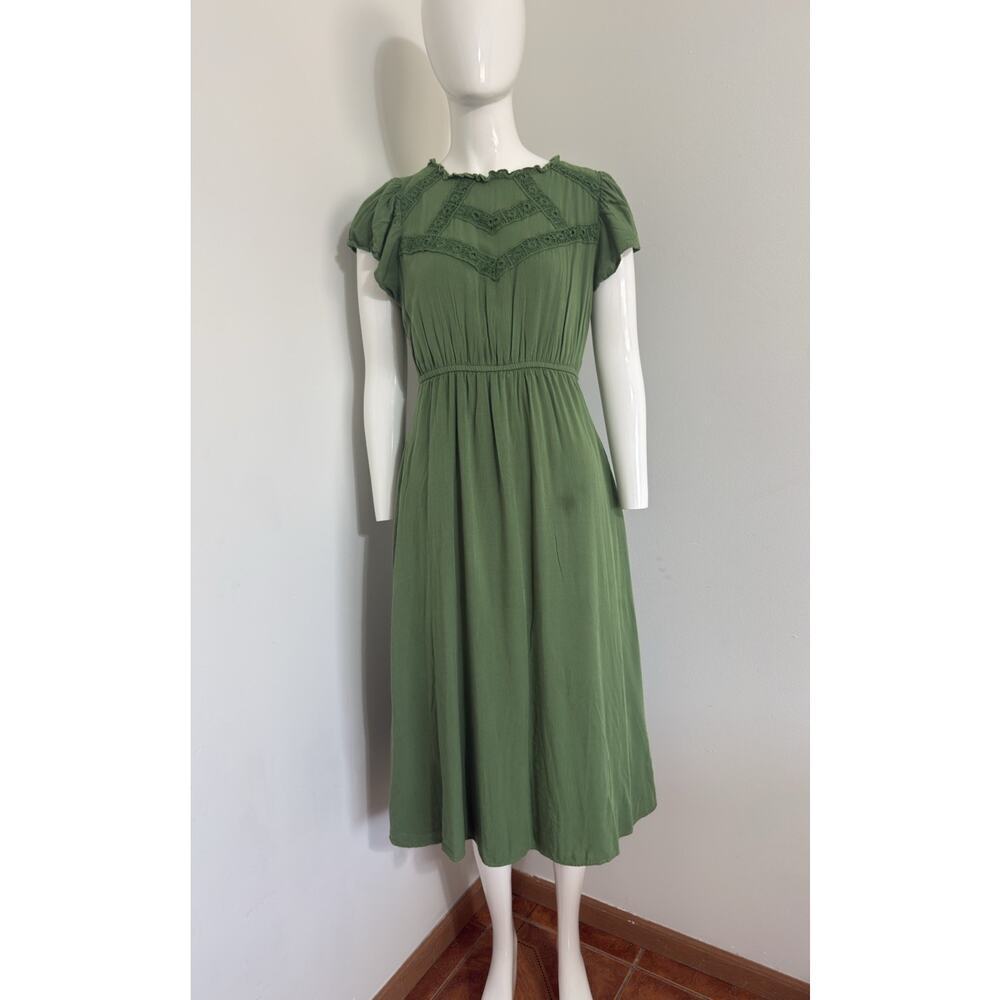 Polagram Green Midi Dress Size S Boho Cottagecore Prairie Crochet Flutter Sleeve